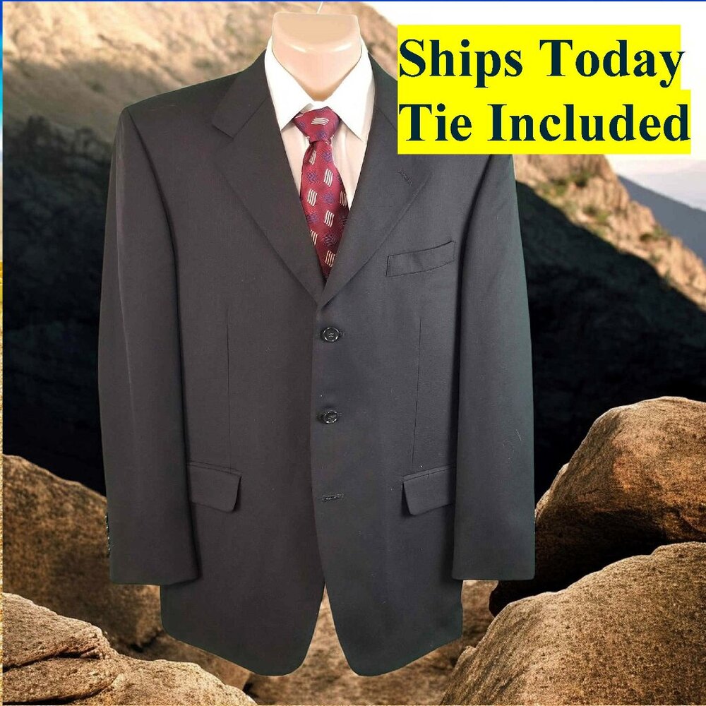 Jones New York Men's 42R Solid Black 100% Wool Blazer Sport Coat & Tie 12626